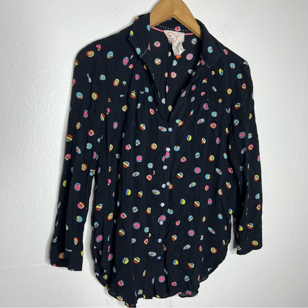 Anthropologie Black Button-Down Shirt with Multicolor Button print